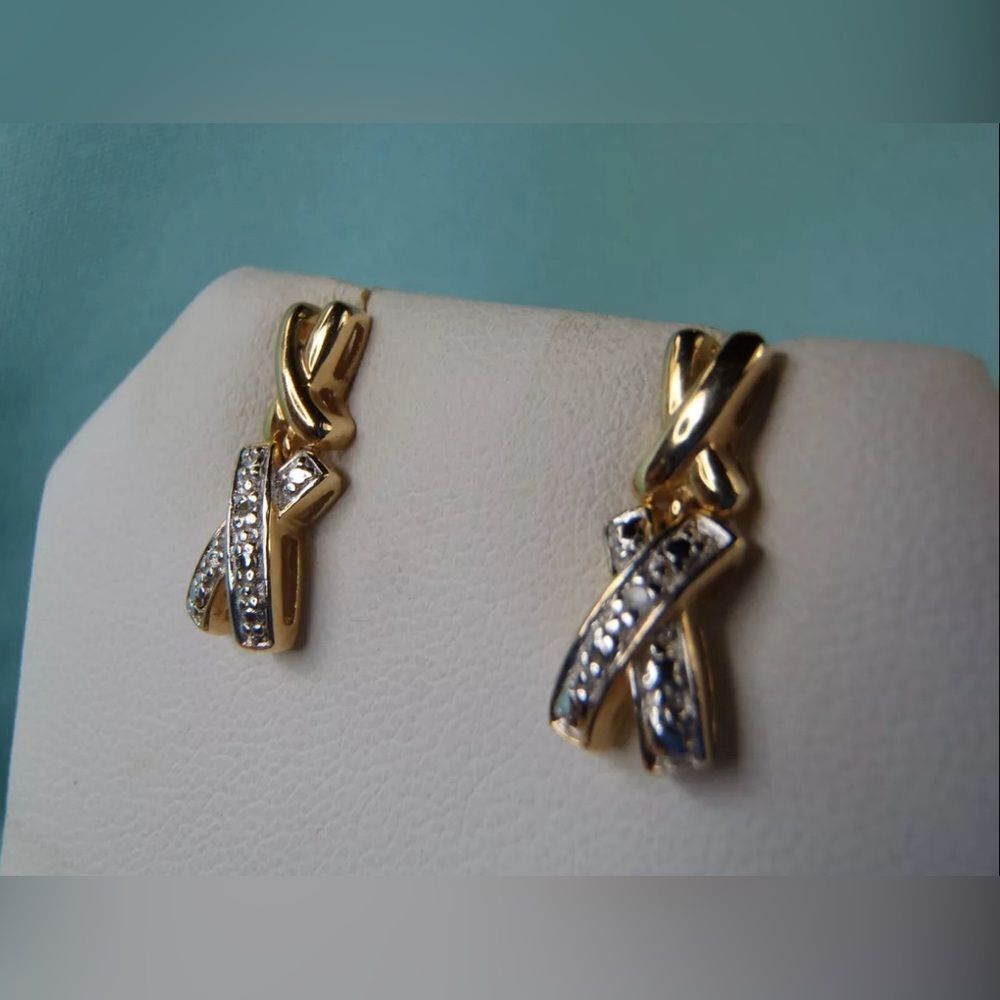 Beautiful 14K Gold Over Sterling Silver X DIAMOND STUD DANGLE Earrings